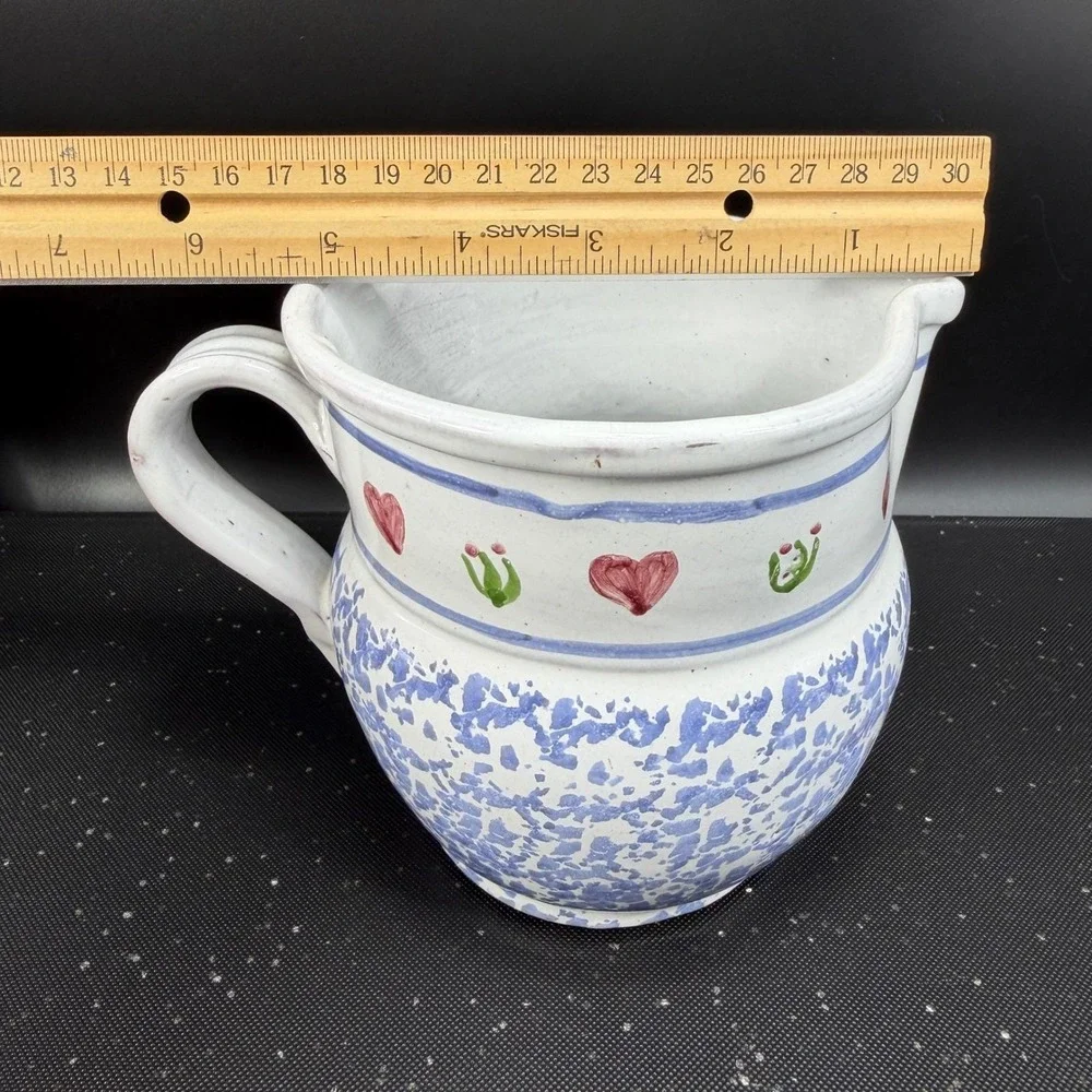 Vintage MM Portugal Hand Painted Terracotta Pitcher Blue‎ Sponge Heart Folk Art